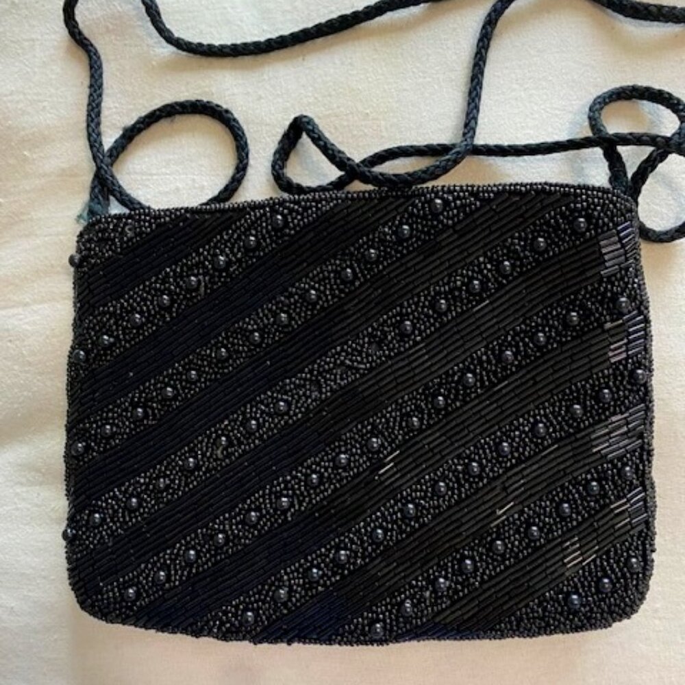 VINTAGE CAROLYNE BARTON NIGHT BLACK BEADED EVENING BAG